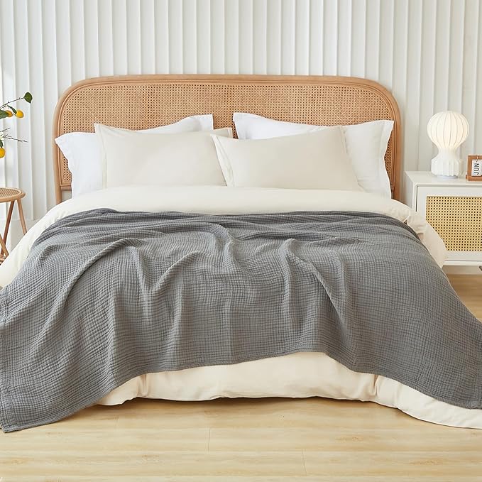 EMME Cotton Muslin King Blanket Big Oversized Bed Layering Bedspread Coverlet Breathable Gauze Soft Lightweight Blankets (Grey, 120"x94")