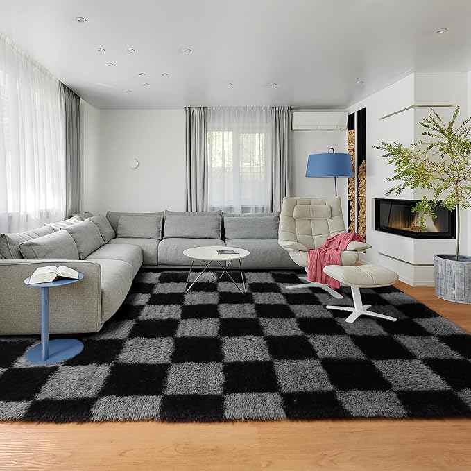 KICMOR 8x10 Area Rugs for Living Room, Large Fluffy Soft Black and Grey Checkered Shag Shaggy Bedroom Carpet, Big Fuzzy Plush Floor Rug for Kids Boys Girls Room Dorm Nursery Home Decor Aesthetic