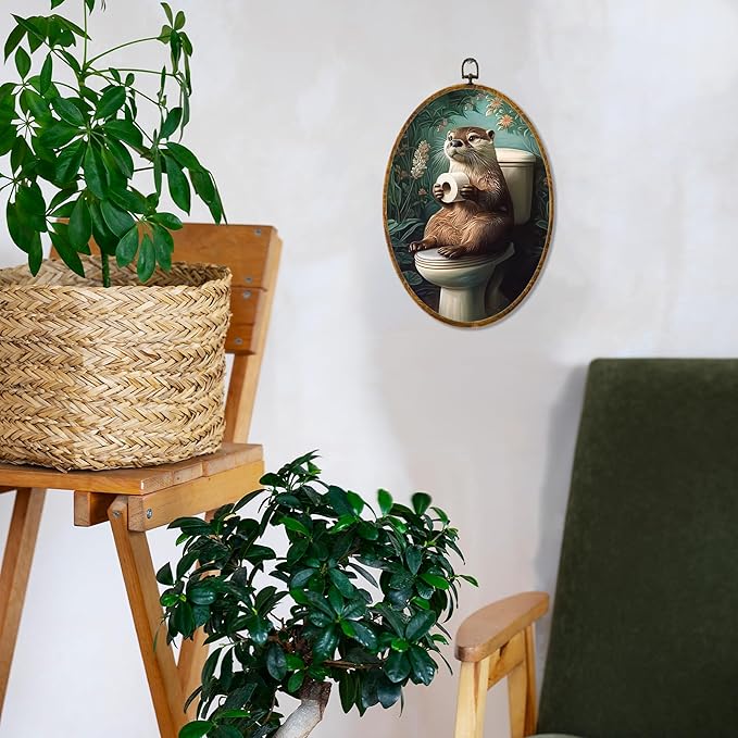 Hiuwevt Otter Toilet Bathroom Oval Wall Art Decor, Funny Floral Sea Otter Framed Canvas Prints, Vintage Green Botanical Animal Oval Wall Hanging Decor for Bathroom Decorations, 8.6x11.4 Inches