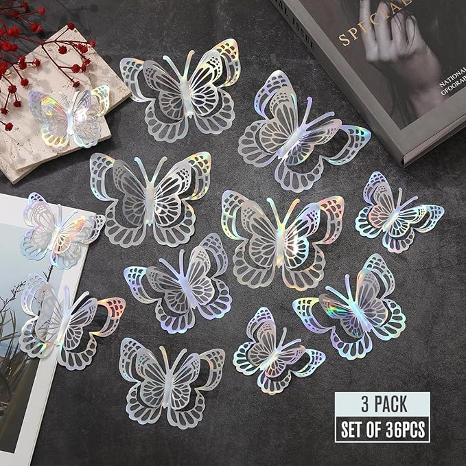 36PCS Butterfly Wall Decals - 3D Butterflies Wall Stickers Removable Mural Decor Wall Stickers Decals Home Decor Kids Room Bedroom Decor Living Room Decor (Sliver)