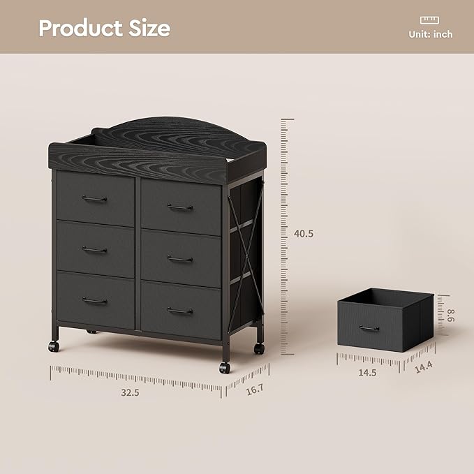 Baby Changing Table Dresser with Wheels, 6-Fabric Drawer Baby Dresser with Changing Table Top, Waterproof Diaper Changing Station & Pad, Mobile Storage Unit, Compact Baby Furniture, Black