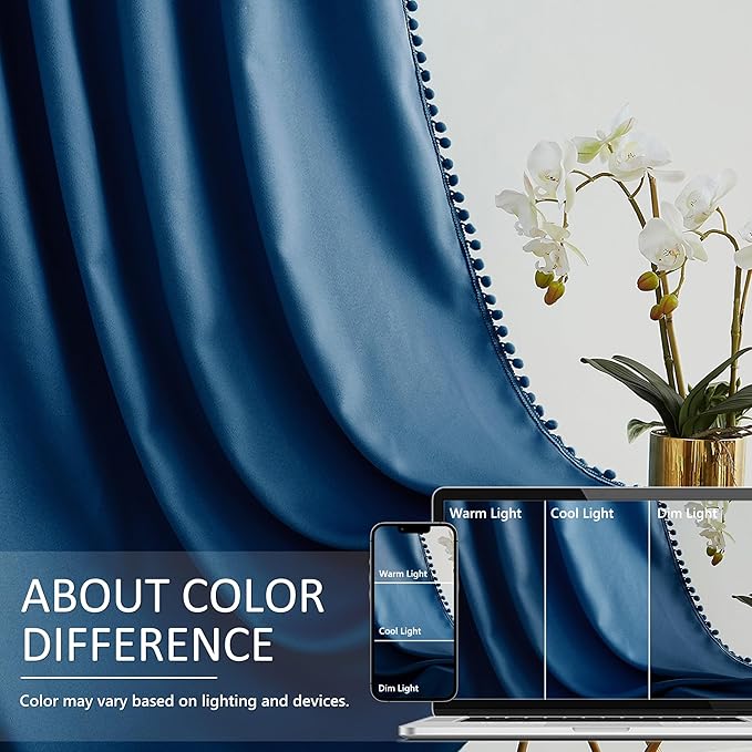 Pom Pom Curtains 84" Navy Royal Blue Blackout Curtains Bedroom Windows Drapes Triple Weave Thermal Insulated Curtain Panels for Men Boys Nursery Room Studio Hotel 52"w x2 Panels Rod Pocket