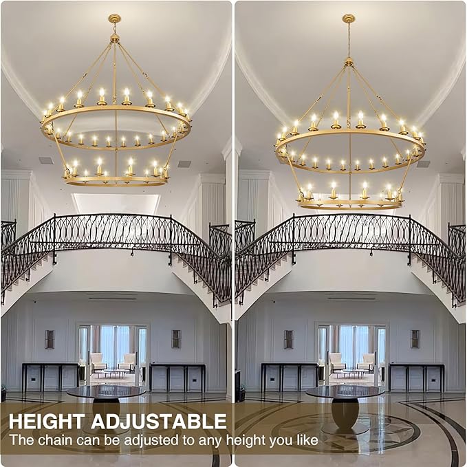 Wagon Wheel Chandelier, 2-Tier 36-Light Gold Large Modern Farmhouse Chandelier with Adjustable Height Island Light Fixture for High Ceiling Dining Room, Kitchen, Living Room, Entryways, Foyer