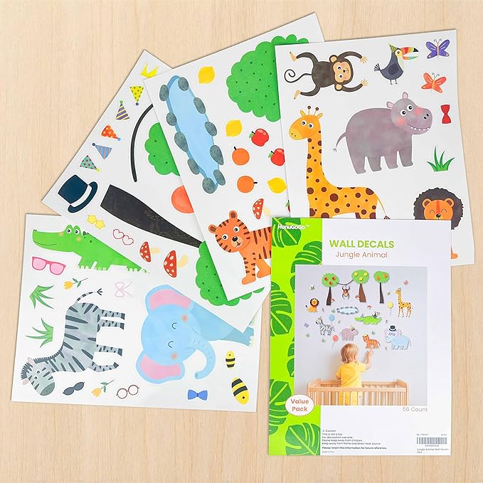 Safari Jungle Animal Wall Decals, 56-Piece Vinyl Stickers with Giraffe, Lion, Elephant, Tiger, Monkey, Trees & Accessories – Waterproof, Removable, Reusable for Living Room, Bathroom, Party Decor
