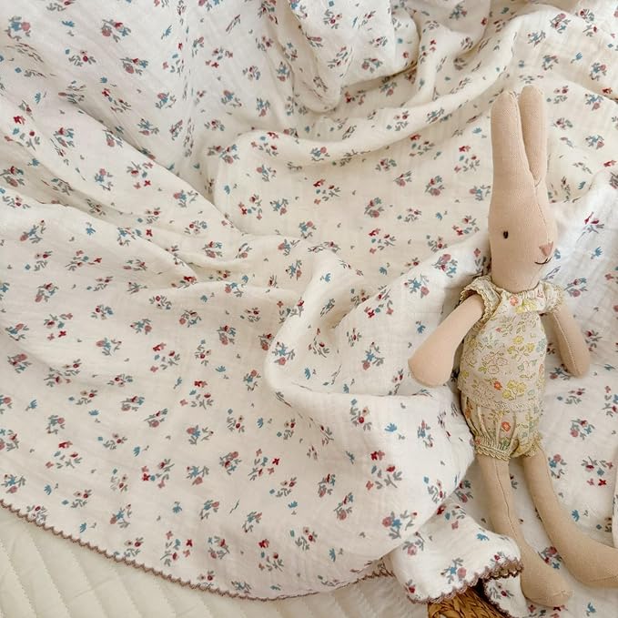BuLuTu Cotton Muslin Blanket for Toddler Girls Boys 1 2 3 4 5 6 Year Old, Shabby Chic Floral Baby Blanket for Crib/Toddler Bed, 4 Layers Gauze Lightweight Toddler Quilt, 1 pc, 47"x51"