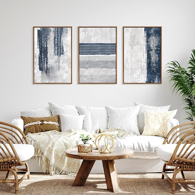 HLNIUC Navy Blue Abstract Framed Wall Art Set, Neutral Minimalist Canvas Wall Decor, Mid Century Modern Wall Painting, Grey Geometric Art Print for Living Room, Bedroom, Office - 16"x24"x3