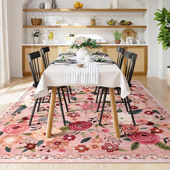8x10 Washable Area Rug for Living Room, Floral Non-Slip Non-Shedding & Easy Care, Large Soft Low Pile Indoor Floor Carpet for Living Room, Bedroom, Farmhouse, Dining Room, Kids Playroom, Pink