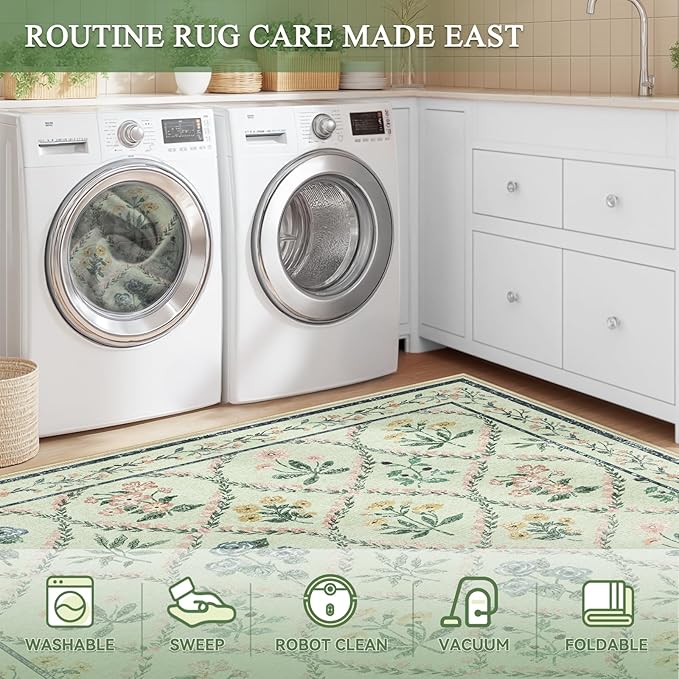 8x10 Washable Rug for Living Room,Green Floral Rugs for Bedroom,Boho Large Non Slip Ultra-Thin Distressed Farmhouse Carpet for Kids Playroom, Classroom, Girls Dorm, Nursery, Green Mult