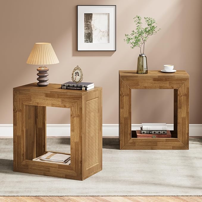 Tribesigns Rustic End Table, 2-Tier Wooden Side Table with Sturdy Base, Farmhouse Narrow Nightstand with Storage Shelf for Living Room, Bedroom, Brown (Set of 2)