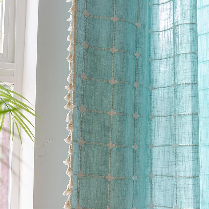 Deeprove Boho Plaid Curtains 72 inch Length for Home Office Kitchen Nursery, Semi Blackout Farmhouse Tassels Window Treatment Bohemian Embroidery Drape Rod Pocket 1 Panel 52" W x 72" L, Aqua