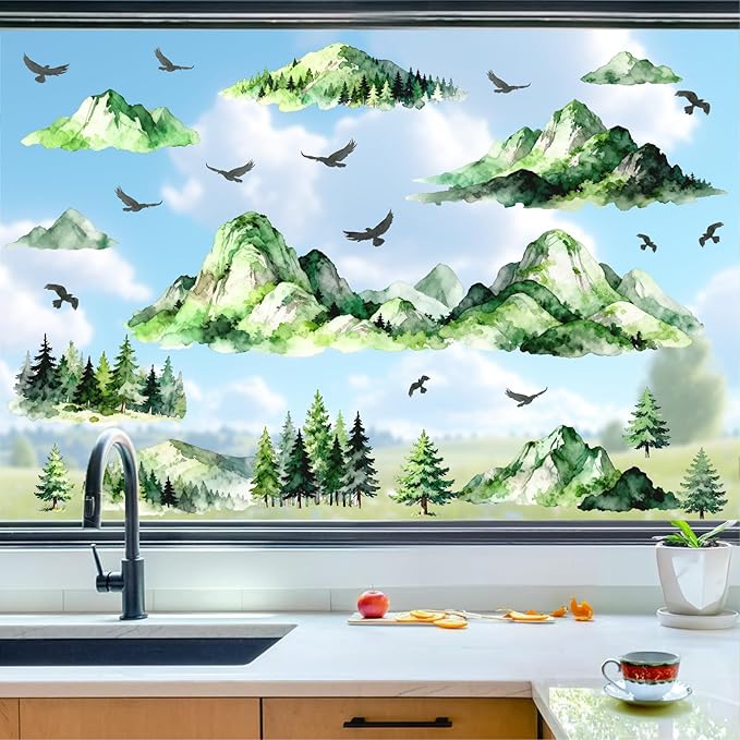 Mountain Tree Wall Stickers Watercolor Mountain Wall Decals Peel and Stick Flying Birds Woodland Green Pine Trees Wall Stickers Forest Mountains Decals for Bedroom Living Room Nursery Decor