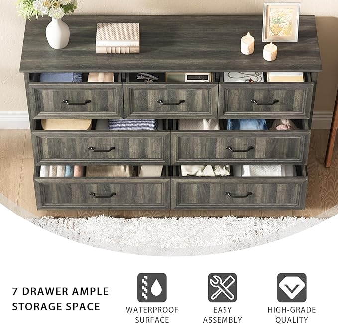CARPETNAL Farmhouse 7 Drawer Dresser for Bedroom, 55 Inch Wide Modern Grey Dresser TV Stand with Large Drawers & Bar Handles, Rustic Wood Chest of Drawers for Bedroom, Living Room, Hallway, Entryway.