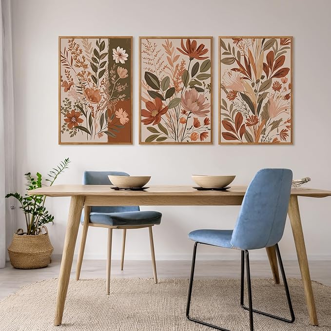 MTFBWY Framed Boho Botanical Wall Art Set of 3 – Earth Tone Floral Canvas Prints, Neutral Beige Abstract Flower Pictures for Home Living Room Bedroom Wall Decor, 24L x 16W