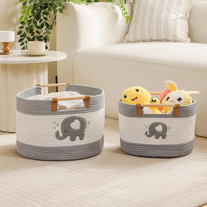 Cotton Rope Baskets for Kids Stuffed Animal Toys Storage for Nursery, Baby Baskets for Gifts Empty, Woven Basket with Wooden Handles Blanket Towel Toy 0rganizer Kids Blanket Storage Bins