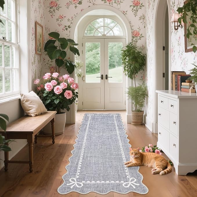 GarveeHome Scalloped Bow Rug for Living Room, Solid Grey Rug for Dorm, Washable Runner Rug 2.5x8 Soft Low Pile Non Slip Scalloped Rugs for Nursery Bedroom Decor Hallway Entryway Playroom