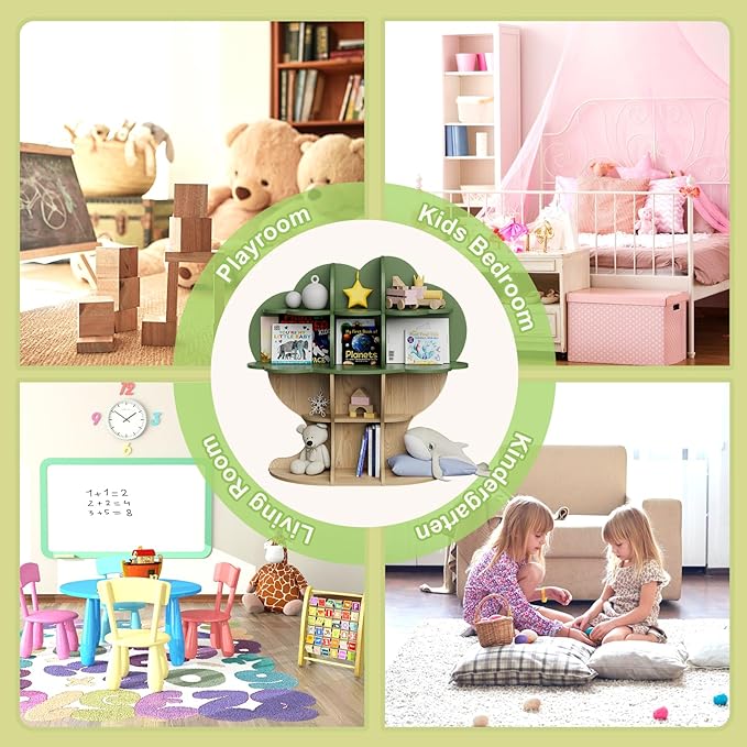 Green Tree Kids Bookshelf Toddler Bookcase 4-Tier Baby Book Rack Children Toy Storage Organizer Forest Wood Display Shelf for Nursery Playroom Bedroom Classroom School Homeschooling Boy Girl’s Gift