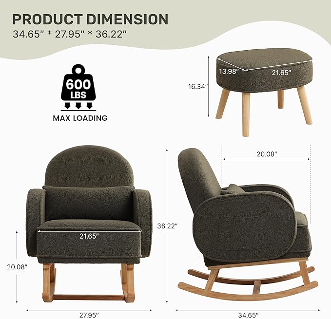 Rocking Chair with Ottoman, Nursery Glider Rocker with High Backrest and Side Pocket, Teddy Rocking Accent Armchair with Solid Wood Legs for Nursery, Living Room, Bedroom Green
