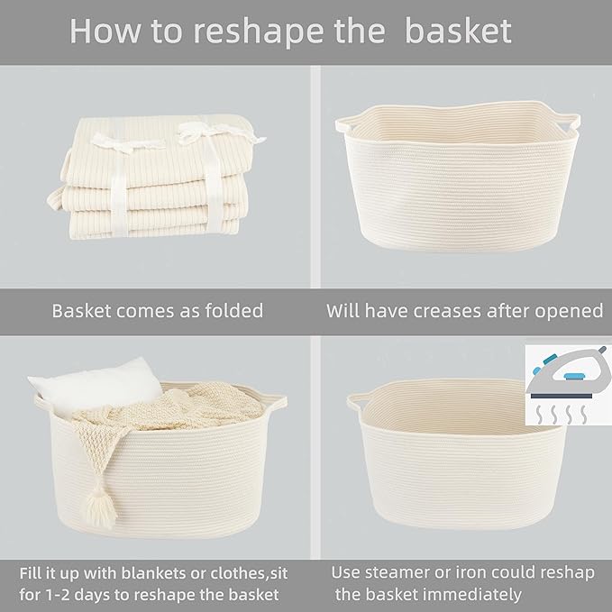 Large Rectangle Blankets Basket Living Room 22"x17"x12" Woven Cotton Rope Storage Baskets for Nursery Toy Baskets for Kids and Dogs Wicker Laundry Basket Bin for Clothes Towels white