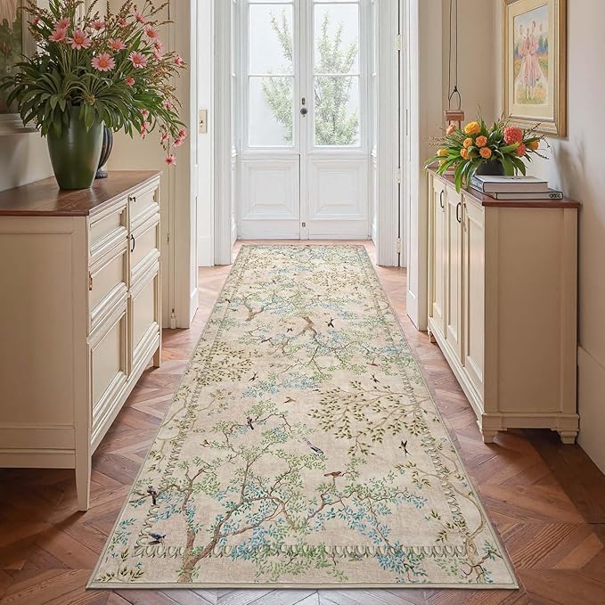 jinchan Yarden Beige Botanical Birds 3x10 Runner Rug for Hallway Washable Non Slip Soft Nature Plants Modern Runner Carpet Vintage Ultra Thin Low Pile Rug for Entryway Living Room Laundry