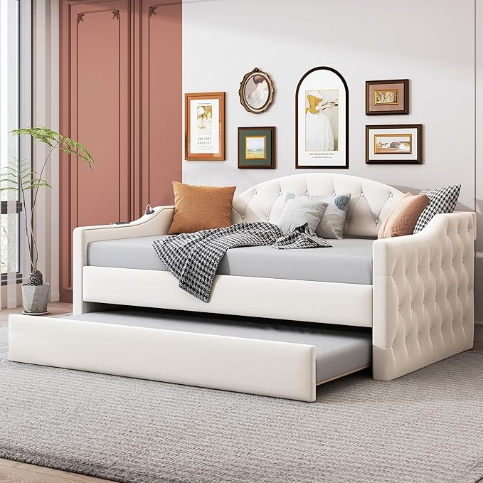 Bellemave Twin Size daybed Frame with Trundle for Adults, Kids, Girls, Teens, Tufted daybeds with Trundle for Living Room, Velvet, (Mattress not Included), Beige