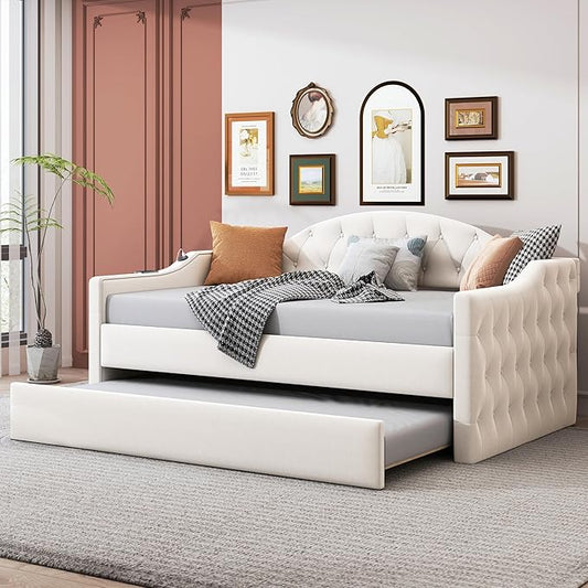 Bellemave Twin Size daybed Frame with Trundle for Adults, Kids, Girls, Teens, Tufted daybeds with Trundle for Living Room, Velvet, (Mattress not Included), Beige