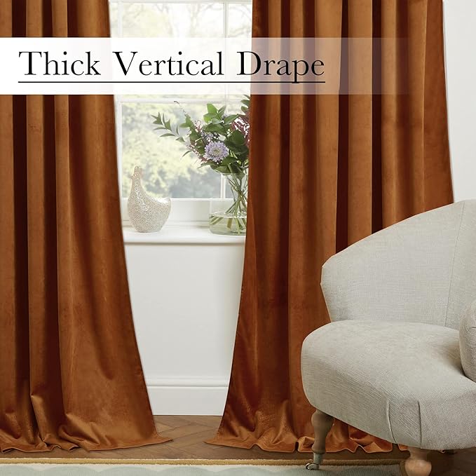 StangH Luxury Velvet Curtains Burnt Orange 102 inch Length Set of 2, Solid Festive Window Drapes Decorative for Holiday/Party Light Blocking for Living Room/Dining Room, W52 x L102