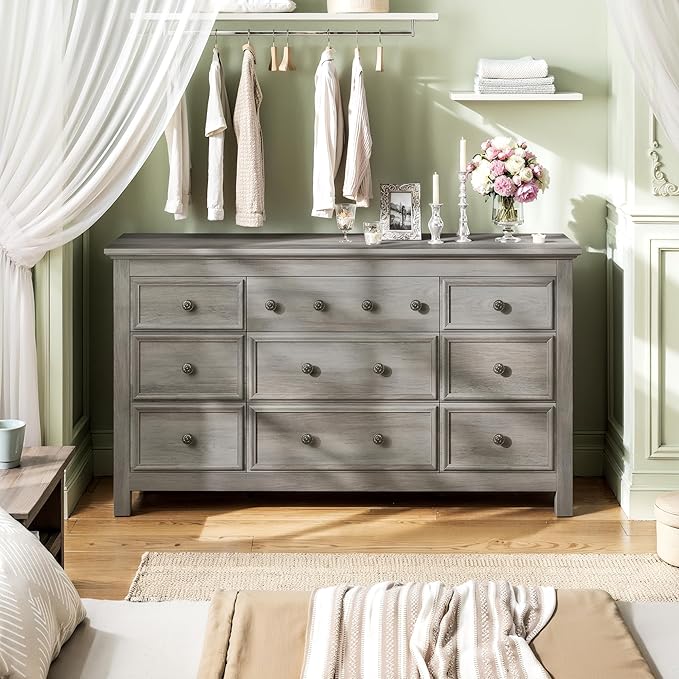 Grey 9 Drawer Dresser, 57" Large Dresser for Bedroom, TV Stand for 70 inch TV, Wood Chest of Drawers with Metal Handle, Rustic Storage Dressers Organizer for Bedroom, Hallway