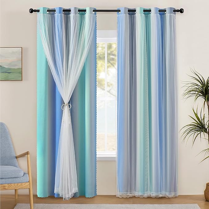 XiDi Blakout Curtains with Sheer Overlay 84 Inches Long for Bedroom 2 Panels Double Layer Rainbow Curtains for Nursery Kid Room Thermal Insulated Room Darkening Grommet Drapes Blue Green Grey 52Wx84L