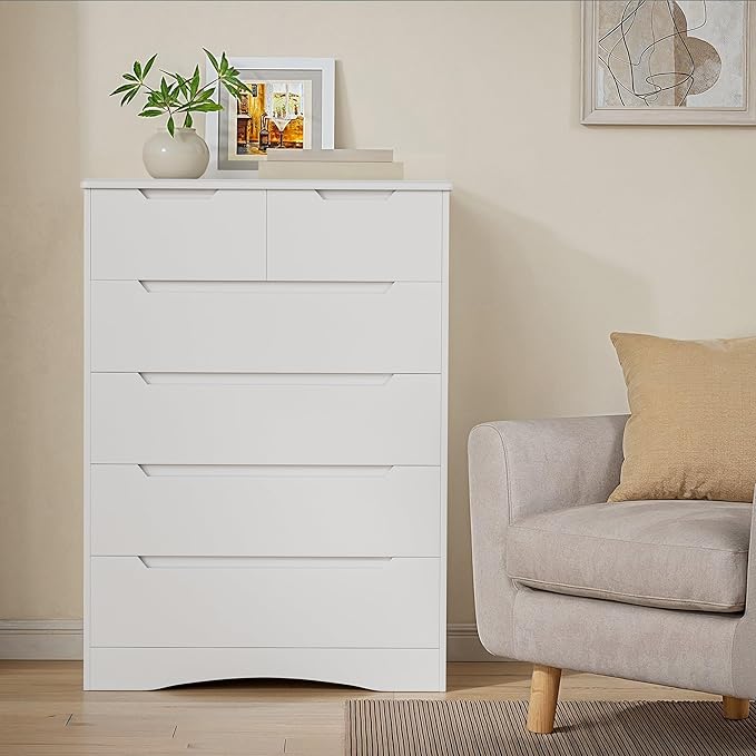 Gizoon 6 Drawer Dresser, Chest of Drawers with Large Storage, White Dressers for Bedroom, Tall Dresser and Organizer with Anti-Tripping, Wooden Cabinet for Office, Living Room, Entryway