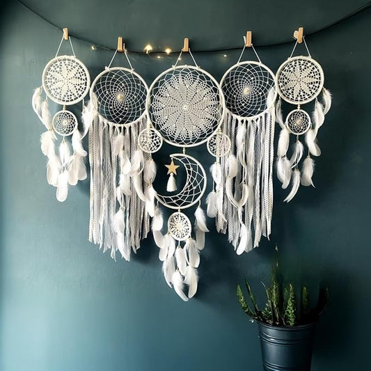Dream Catcher Wall Decor,Large Boho Dream Catcher with Luxurious Feathers & Beads, Handmade Wall Hanging for Bedroom, Nursery, Living Room, Gift Ready for Girls & Adults (White)