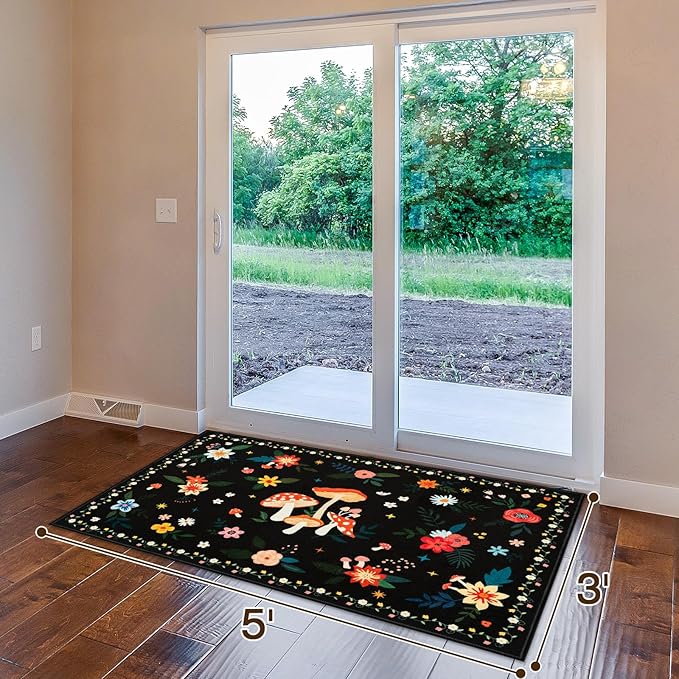 3x5 Machine Washable Area Rug, Non-Slip Small Vintage Floral Washable Rug for Girls, Low Pile Carpet for Living Room, Entryway, Bedroom & Dorm Room(3x5 Black Mushroom)
