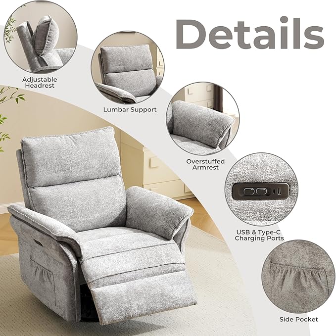Oversized Power Recliner Chair Swivel Glider with Massage and Heat, Rocker Nursery Recliner for Adults with Adjustable Headrest, 26" Extra Wide Nursery Chair with Overstuffed Armrest,Light Grey