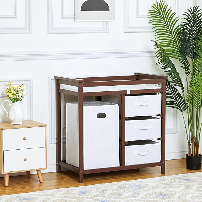 Wooden Baby Changing Table, Modern Diaper Changing Table, Infant Diaper Changing Station Dresser with Laundry Hamper, 3 Drawer Basket and Changing Pad