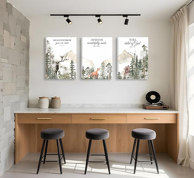 3pcs Framed Forest Animals Bible Verse Wall Art Misty Forest Deer Bear Fox Paintings Canvas Prints Poster Inspirational Quotes Pictures Wall Decor for Home Bedroom Nursery Baby Room Playroom Decor