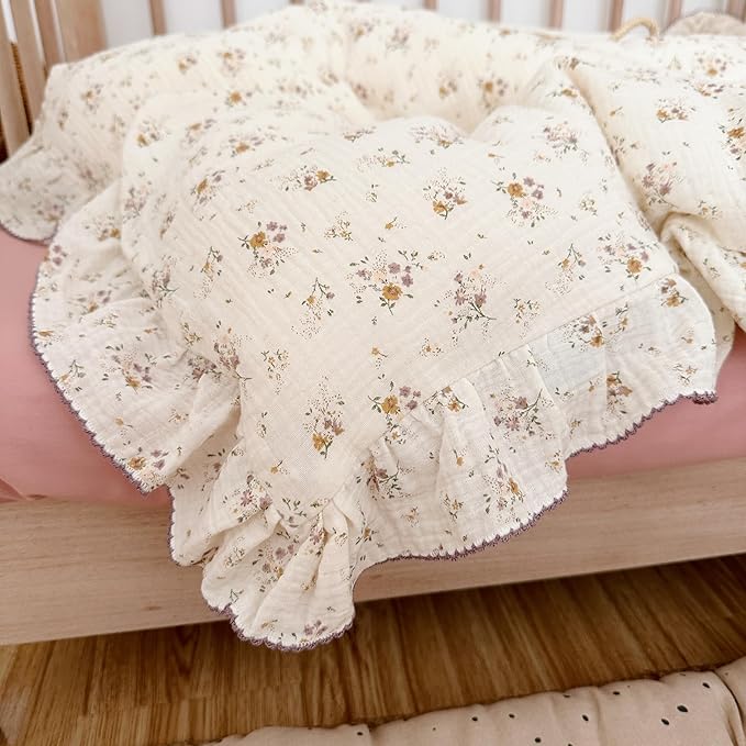 AOJIM Kids Crib Duvet Cover with Colorful Floral Print, 1pc Pure Cotton Baby Muslin Toddler Comforter Cover 47X59'', Ruffled Design Bedding 2-Layer Gauze for Boys Girls, No Quilt or Pillowcases