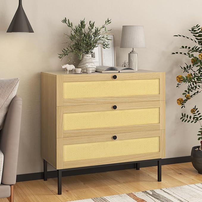 Rattan Dresser, Boho Dresser with 3 Drawers, Modern Dressers with Iron Legs, Wooden Dressers for Bedroom, Hallway, Office, Yellow