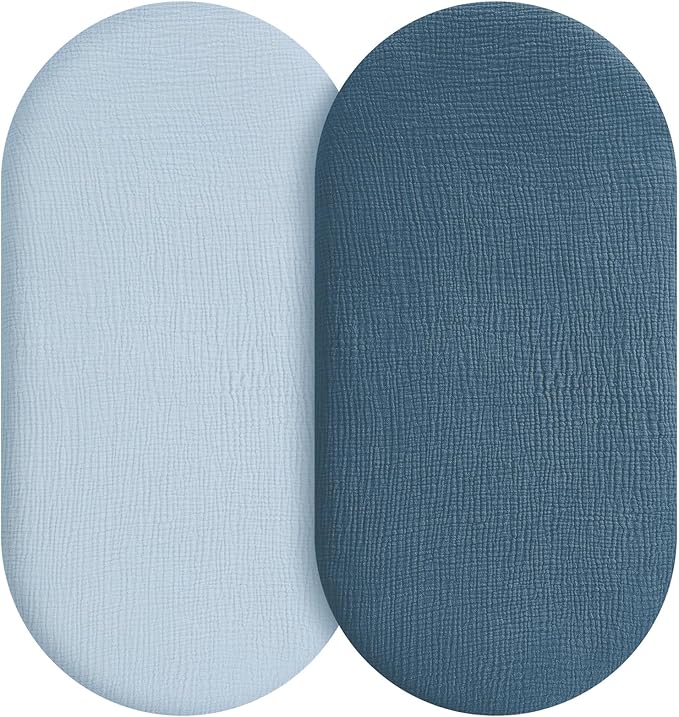 Muslin Bassinet Sheets Boy Girl, 100% Cotton Fitted Bassinet Sheet Set 2 Pack Bassinet Mattress Sheets Universal Fit for Rectangle, Round, Oval, Hourglass Mattress, Soft Breathable