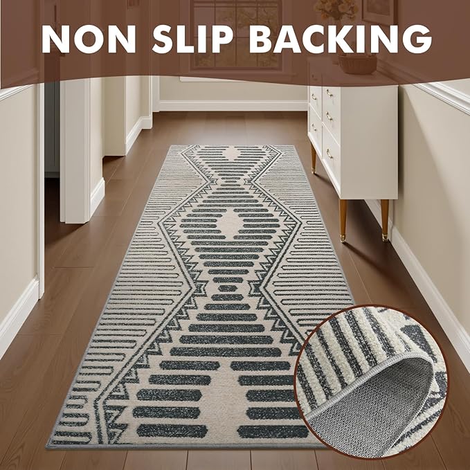 Charcoal Grey Boho 2x6 ft Runner Textured Tufted Rugs for Hallway Kitchen Bedroom Entryway Long Non Slip-Carpet Washable Neutral Modern Geometric Moroccan Aztec Rug