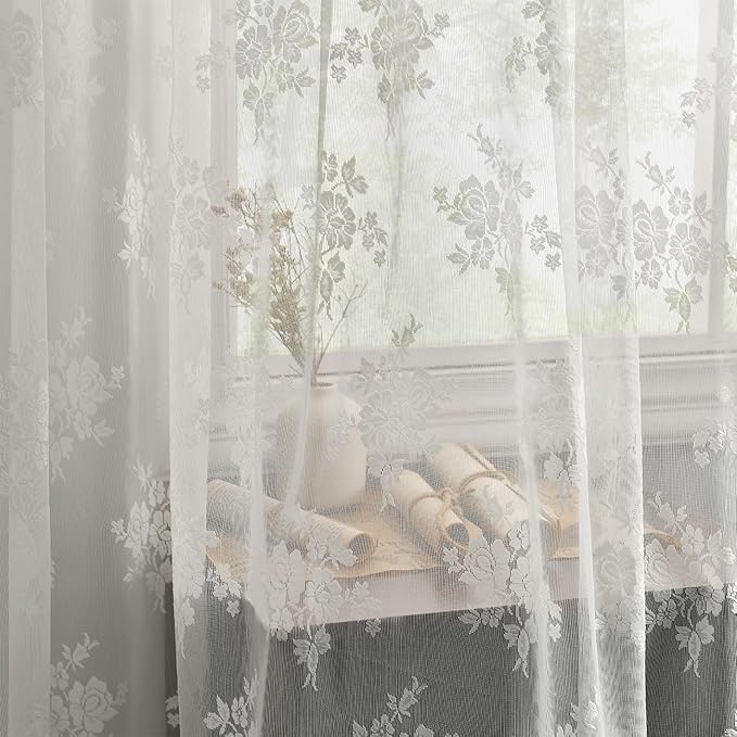 Kotile Extra Long Sheer Lace Curtains, Country Rustic Floral Ivory Lace Curtains 120 Inches Long for Living Room, Rod Pocket Privacy Lace Sheer Curtains, 52 x 120 Inch, 2 Panels, Ivory