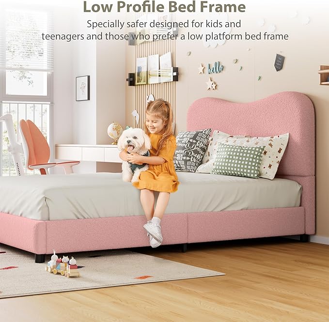 Senfot Pink Boucle Bed Frame with Upholstered Headboard, Soft Low Profile Sturdy Platform Bed with Rounded Corners Design, Heavy Duty, Wooden Slats, Noise Free, No Box Spring Needed, Full Size