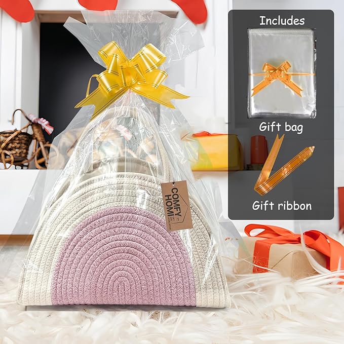 COMFY-HOMI Diaper Caddy Organizer with Gift Bags and Ribbons - Sturdy Cotton Rope Basket for Baby Girl & Boy Newborn Essentials, Large Gift Bag, Nursery Storage Caddy with Handles (white Pink)