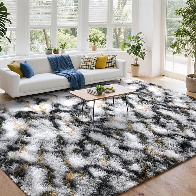 DweIke Fluffy Black White Gold Rugs for Bedroom Living Room, 6x9 Large Soft Plush Shaggy Tie-Dyed Girls Boys Kids Rug, Upgraded Non-Slip and Machine Washable Carpet for Dorm Nursery Classroom Decor