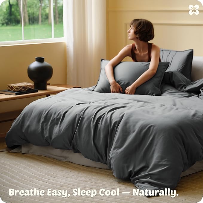 Bedsure Cotton Duvet Cover King Size, Cotton & Rayon Derived from Bamboo Blend Duvet Cover Set for Hot Sleepers, Ultra-Soft, Breathable & Lightweight Home Bedding for All Seasons (Dark Grey,104"x90")