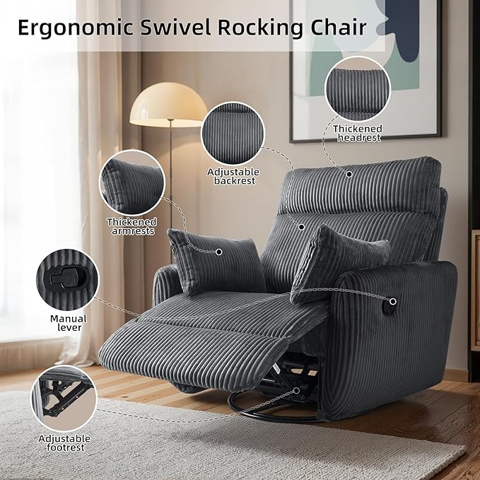Swivel Recliner Chair for Adults, Corduroy Nursery Glider Rocking Chair, Armchair with 2 Pillows, Comfy High Back Reclining for Small Spaces, Nursery Bedroom Living Room (Corduroy Gray, 1 Pack)