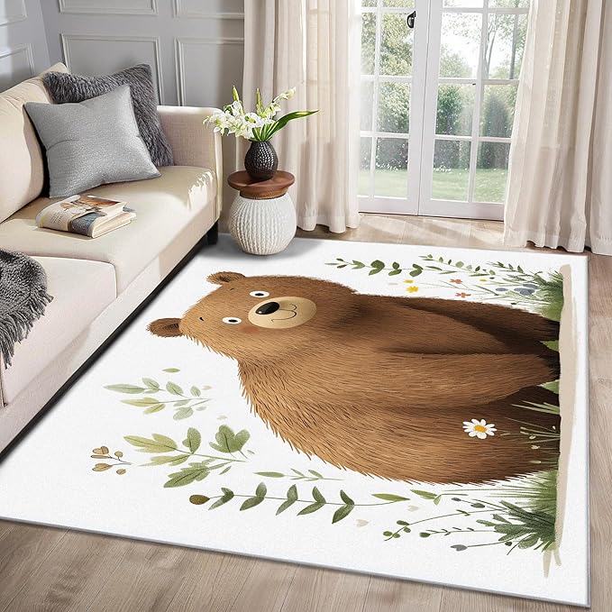 Bear Rug Kids - Brown Bear Area Rug 7x10 - Washable Non Slip Ultra Soft, Kawaii Cartoon Animal Rugs for Living Room Bedroom, Kids Boys Girls Carpet, Cute Animal Home Decor & Gifts