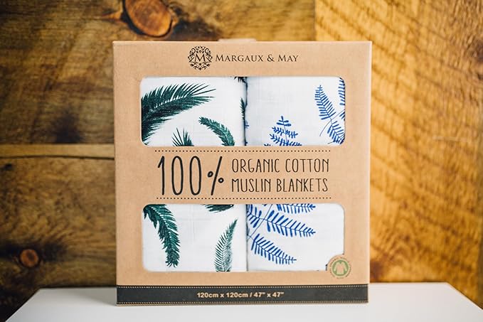Margaux & May Organic Muslin Swaddle Blankets 2 Pack - 100% Organic, Large 47x47 Inches, Breathable Baby Blankets, Blue Fern and Green Feather