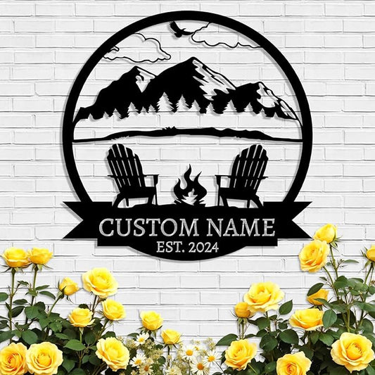 Personalized Camping Signs | Custom Metal Family Name Sign | Mountain Campfire Sign | Metal Mountain Wall Art | Custom Signs Outdoor Metal | Black Metal Wall Art | Cabin Decor