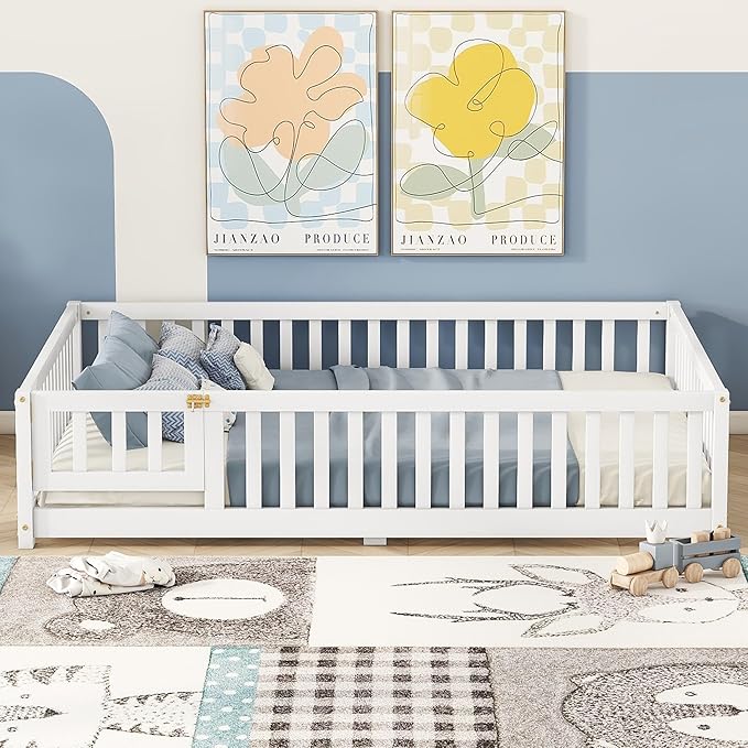 Bellemave Full Size Floor Bed with Slats and Safety Guardrail, Full Size Montessori Floor Bed with Fence and Door, Easy Assemble Montessori Beds for Kids, Girls, Boys, White