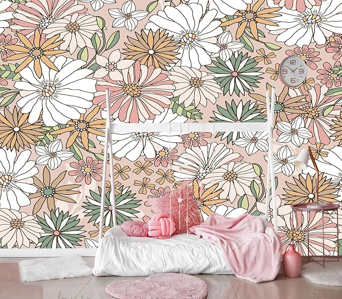 XMPMBM-Cartoon Floral Sunflower Nursery Room Fabric Wallpaper Simple Hand-Painted Kids Gaming Room Wall Mural-W 154" X H 105"（112 Square Foot）
