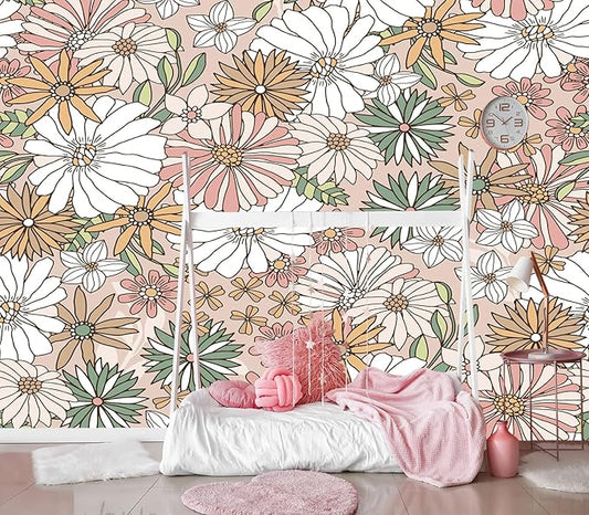 XMPMBM-Cartoon Floral Sunflower Nursery Room Fabric Wallpaper Simple Hand-Painted Kids Gaming Room Wall Mural-W 154" X H 105"（112 Square Foot）